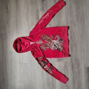 Rare full vintage red velour Ed Hardy zip-up hoodie featuring a skull and snake